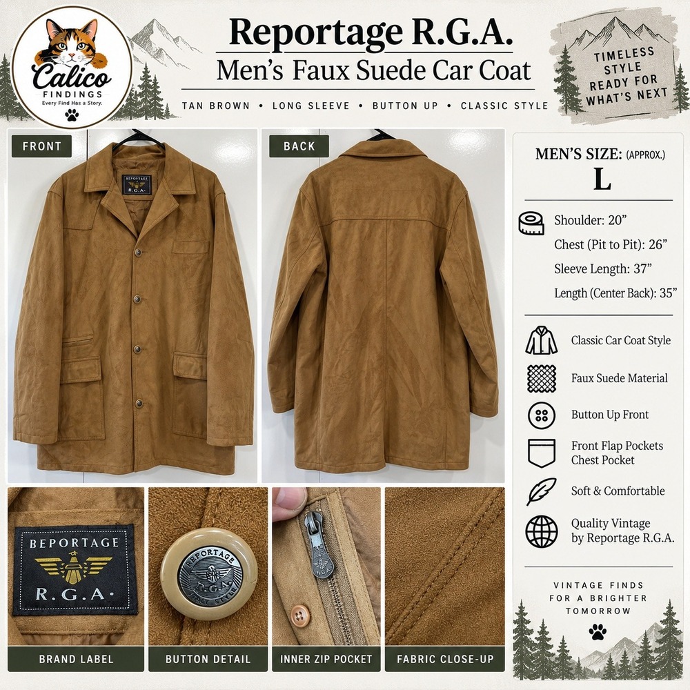Reportage RGA Mens Faux Suede Car Coat Tan Brown Long Sleeve Button Up Jacket